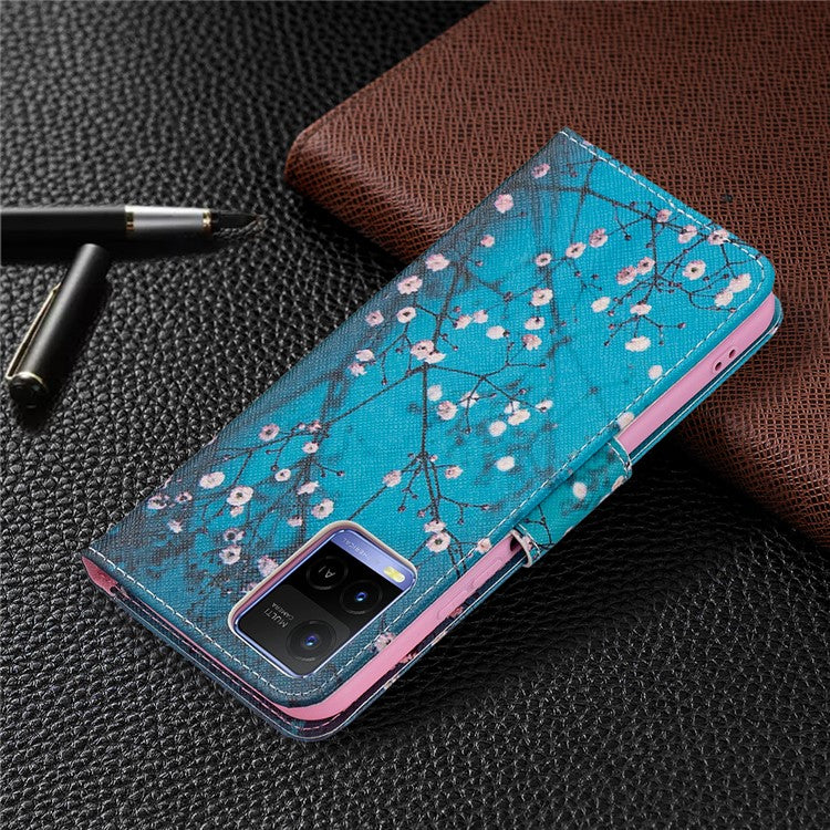 Pattern Printing PU Leather Phone Case Stand Book Design Flip Folio Cover with Wallet for vivo Y21 - Plum Blossom