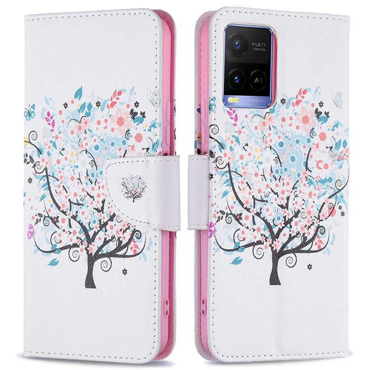 Pattern Printing PU Leather Phone Case Stand Book Design Flip Folio Cover with Wallet for vivo Y21 - Flower Tree