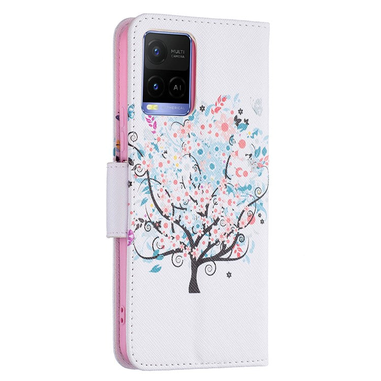 Pattern Printing PU Leather Phone Case Stand Book Design Flip Folio Cover with Wallet for vivo Y21 - Flower Tree