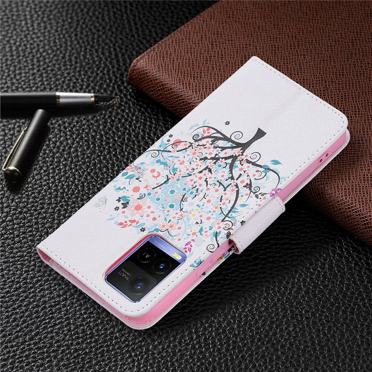 Pattern Printing PU Leather Phone Case Stand Book Design Flip Folio Cover with Wallet for vivo Y21 - Flower Tree