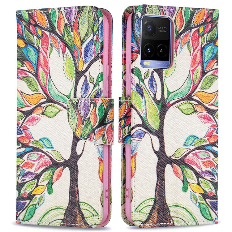 Pattern Printing PU Leather Phone Case Stand Book Design Flip Folio Cover with Wallet for vivo Y21 - Life Tree