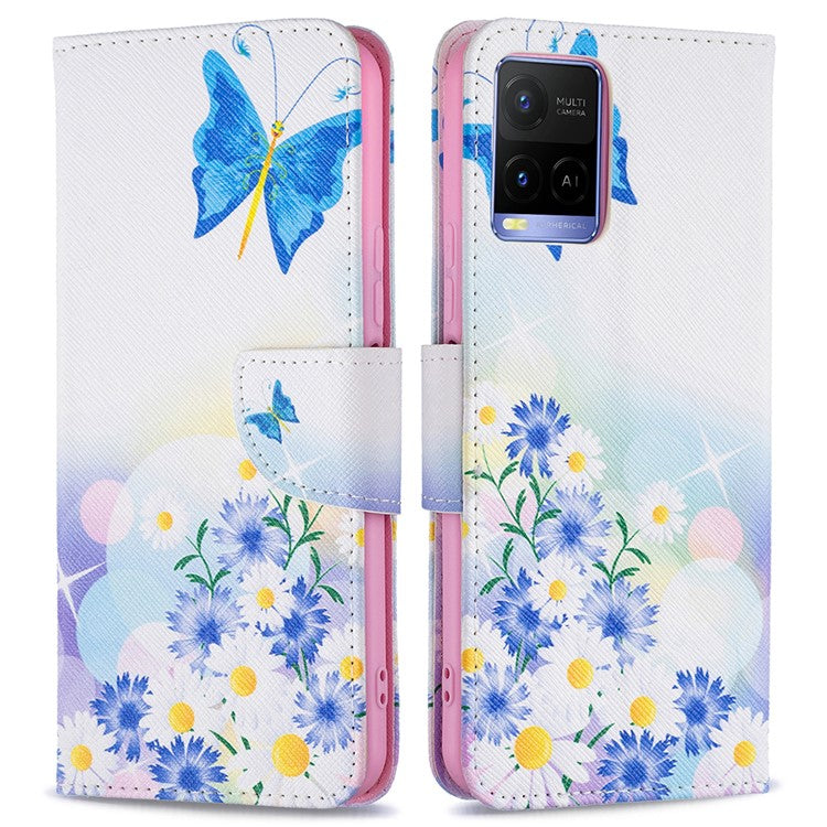 Pattern Printing PU Leather Phone Case Stand Book Design Flip Folio Cover with Wallet for vivo Y21 - Butterfly and Flowers