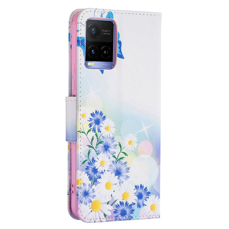 Pattern Printing PU Leather Phone Case Stand Book Design Flip Folio Cover with Wallet for vivo Y21 - Butterfly and Flowers