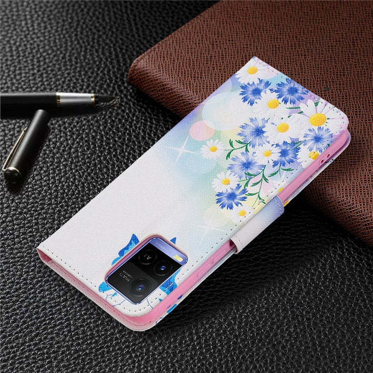 Pattern Printing PU Leather Phone Case Stand Book Design Flip Folio Cover with Wallet for vivo Y21 - Butterfly and Flowers