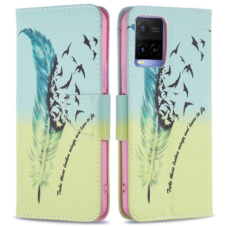 Pattern Printing PU Leather Phone Case Stand Book Design Flip Folio Cover with Wallet for vivo Y21 - Feather and Birds