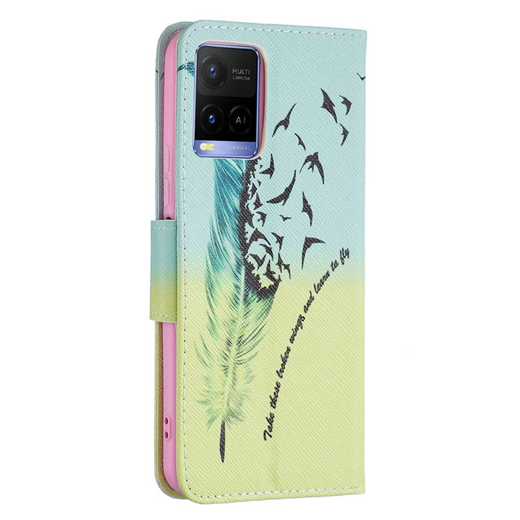 Pattern Printing PU Leather Phone Case Stand Book Design Flip Folio Cover with Wallet for vivo Y21 - Feather and Birds