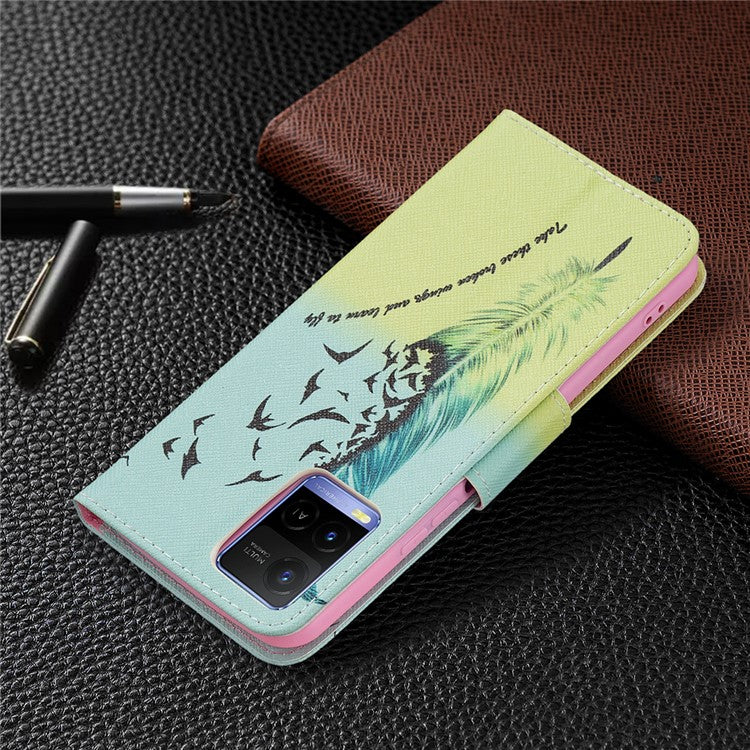 Pattern Printing PU Leather Phone Case Stand Book Design Flip Folio Cover with Wallet for vivo Y21 - Feather and Birds