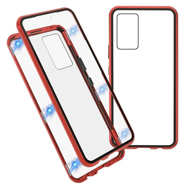 360 Degree Full Coverage Metal Frame + Double-sided Tempered Glass Magnetic Phone Case Shell for vivo V21e 4G - Red