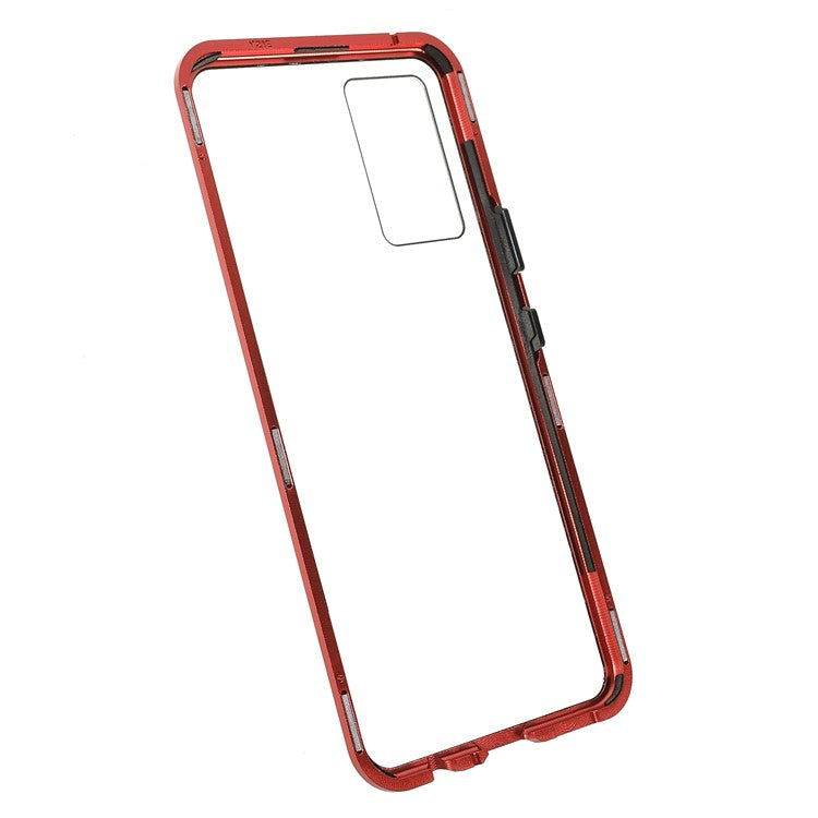 360 Degree Full Coverage Metal Frame + Double-sided Tempered Glass Magnetic Phone Case Shell for vivo V21e 4G - Red