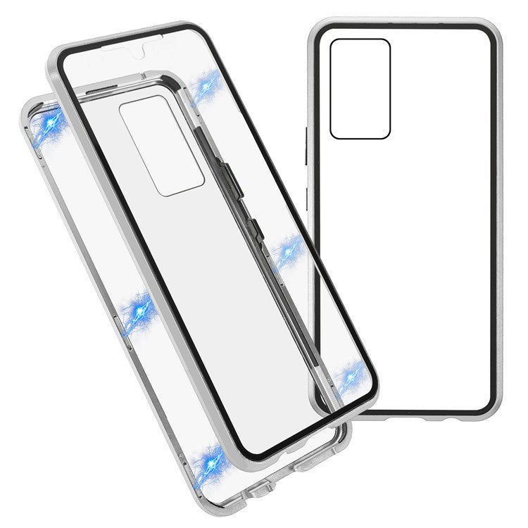 360 Degree Full Coverage Metal Frame + Double-sided Tempered Glass Magnetic Phone Case Shell for vivo V21e 4G - Silver