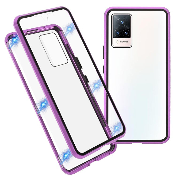 360 Degree Full Protection Metal + Tempered Glass Magnetic Absorption Hybrid Phone Case Shell for vivo V21 5G - Purple