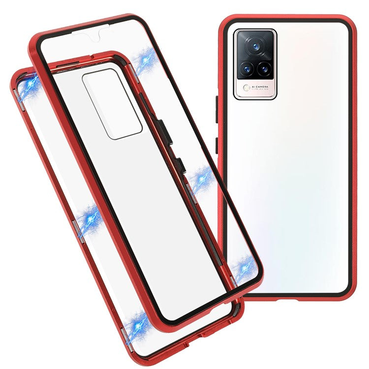 360 Degree Full Protection Metal + Tempered Glass Magnetic Absorption Hybrid Phone Case Shell for vivo V21 5G - Red