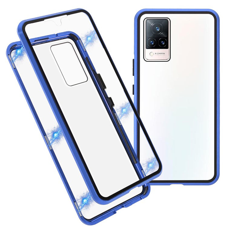 360 Degree Full Protection Metal + Tempered Glass Magnetic Absorption Hybrid Phone Case Shell for vivo V21 5G - Blue