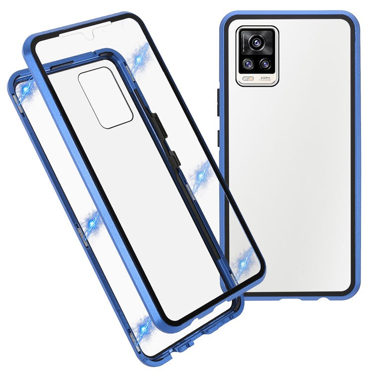 Ultra Clear Double-sided Tempered Glass + Metal Frame Magnetic Phone Case Cover for vivo V20 - Blue