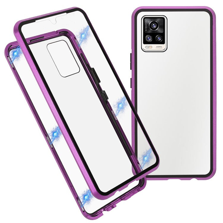 Ultra Clear Double-sided Tempered Glass + Metal Frame Magnetic Phone Case Cover for vivo V20 - Purple