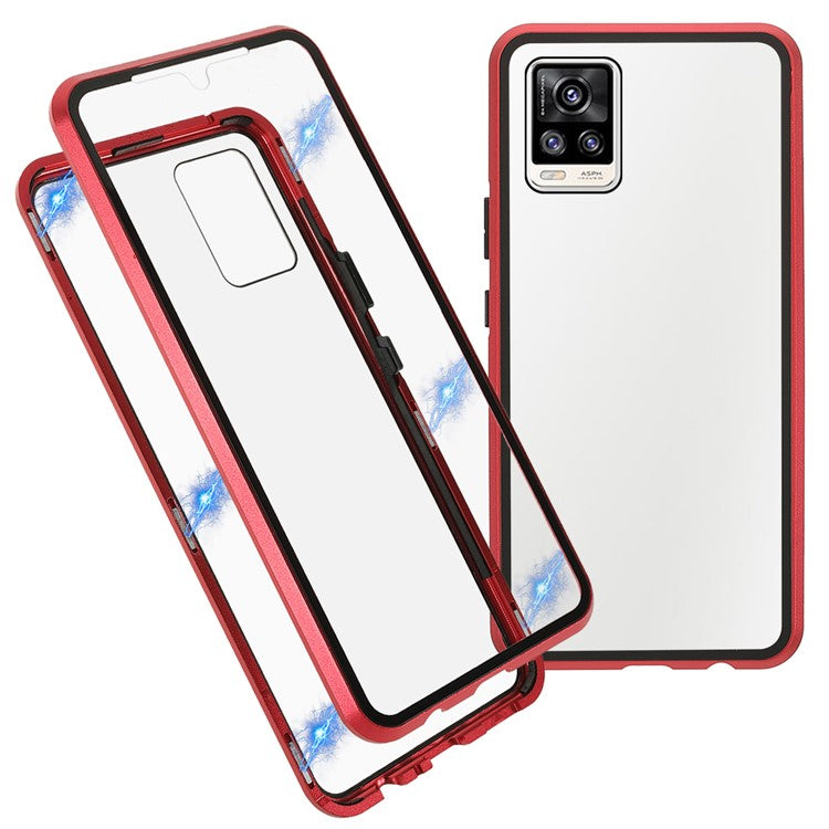 Ultra Clear Double-sided Tempered Glass + Metal Frame Magnetic Phone Case Cover for vivo V20 - Red