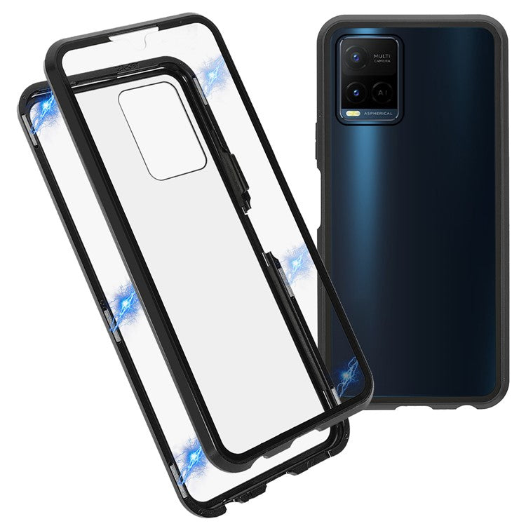 Double-sided Tempered Glass + Metal Frame Hybrid Phone Case Full Protection Cover with Magnetic Closure for vivo Y21 - Black