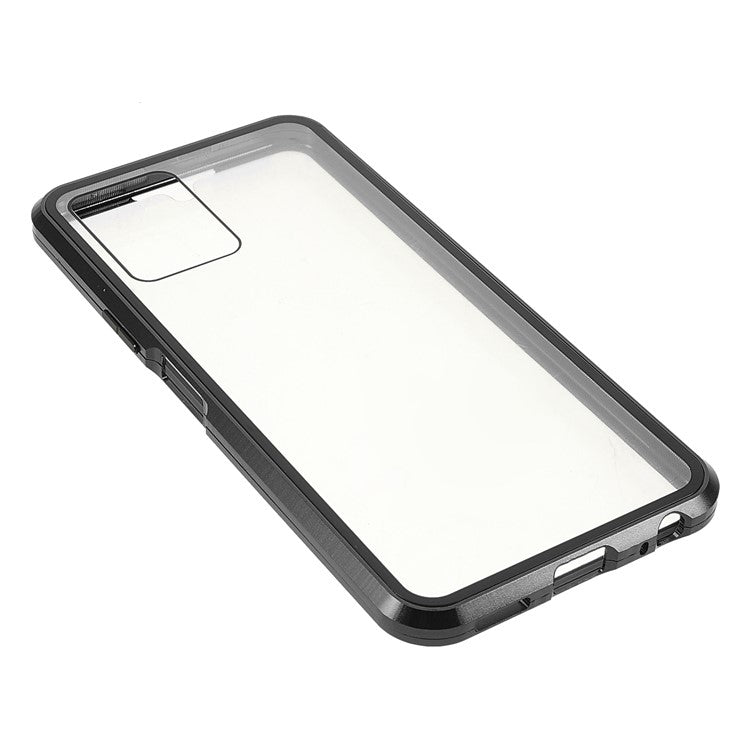 Double-sided Tempered Glass + Metal Frame Hybrid Phone Case Full Protection Cover with Magnetic Closure for vivo Y21 - Black