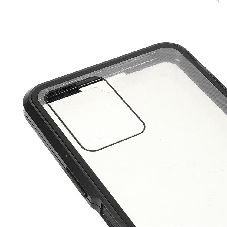 Double-sided Tempered Glass + Metal Frame Hybrid Phone Case Full Protection Cover with Magnetic Closure for vivo Y21 - Black