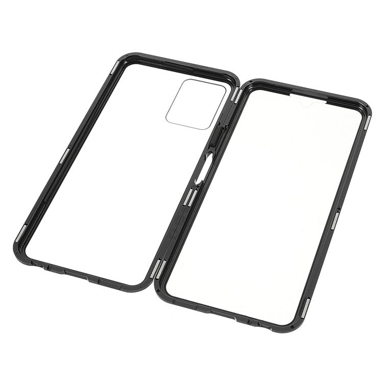 Double-sided Tempered Glass + Metal Frame Hybrid Phone Case Full Protection Cover with Magnetic Closure for vivo Y21 - Black