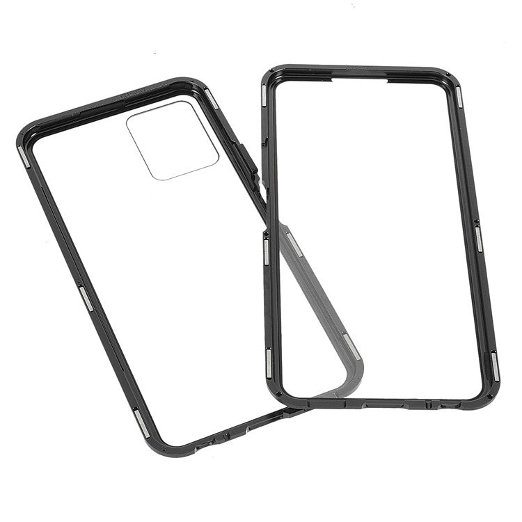 Double-sided Tempered Glass + Metal Frame Hybrid Phone Case Full Protection Cover with Magnetic Closure for vivo Y21 - Black