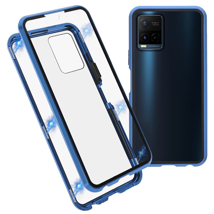 Double-sided Tempered Glass + Metal Frame Hybrid Phone Case Full Protection Cover with Magnetic Closure for vivo Y21 - Blue