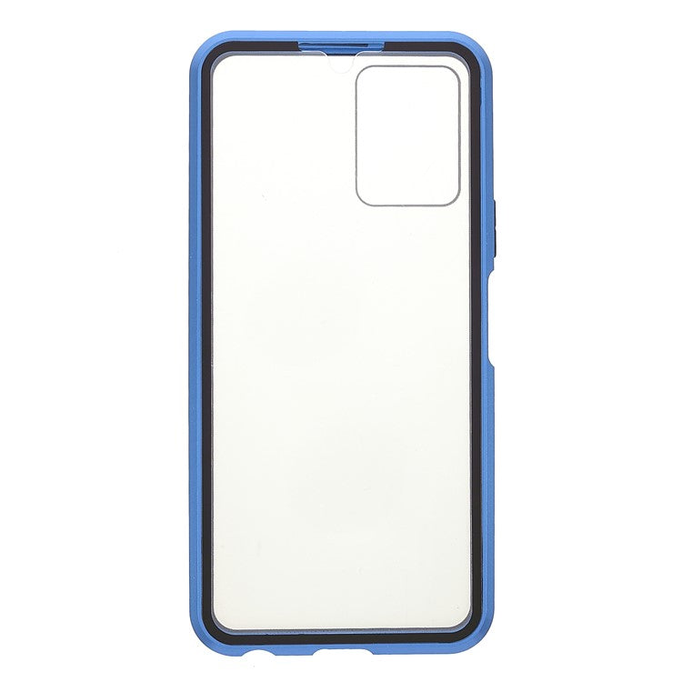 Double-sided Tempered Glass + Metal Frame Hybrid Phone Case Full Protection Cover with Magnetic Closure for vivo Y21 - Blue