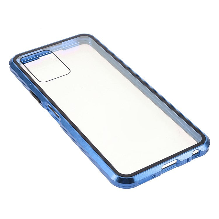 Double-sided Tempered Glass + Metal Frame Hybrid Phone Case Full Protection Cover with Magnetic Closure for vivo Y21 - Blue