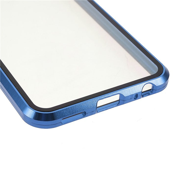 Double-sided Tempered Glass + Metal Frame Hybrid Phone Case Full Protection Cover with Magnetic Closure for vivo Y21 - Blue