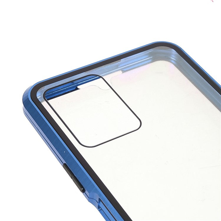 Double-sided Tempered Glass + Metal Frame Hybrid Phone Case Full Protection Cover with Magnetic Closure for vivo Y21 - Blue