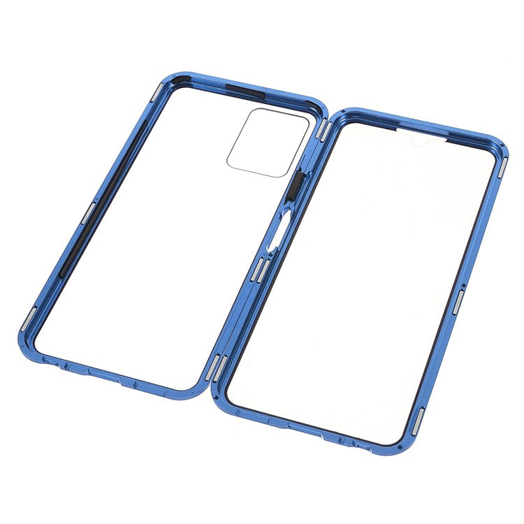 Double-sided Tempered Glass + Metal Frame Hybrid Phone Case Full Protection Cover with Magnetic Closure for vivo Y21 - Blue