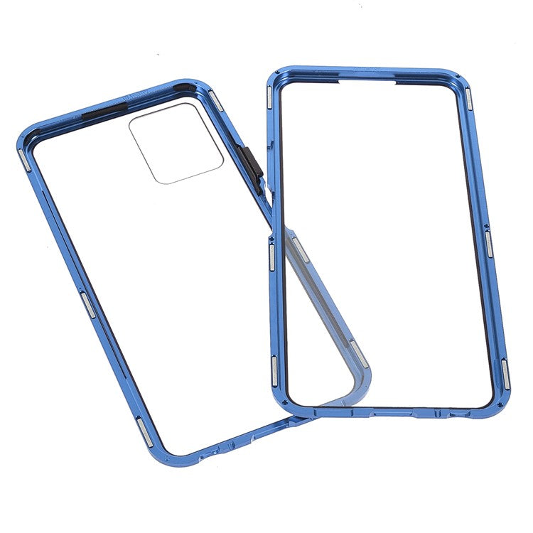 Double-sided Tempered Glass + Metal Frame Hybrid Phone Case Full Protection Cover with Magnetic Closure for vivo Y21 - Blue