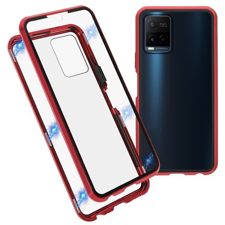 Double-sided Tempered Glass + Metal Frame Hybrid Phone Case Full Protection Cover with Magnetic Closure for vivo Y21 - Red