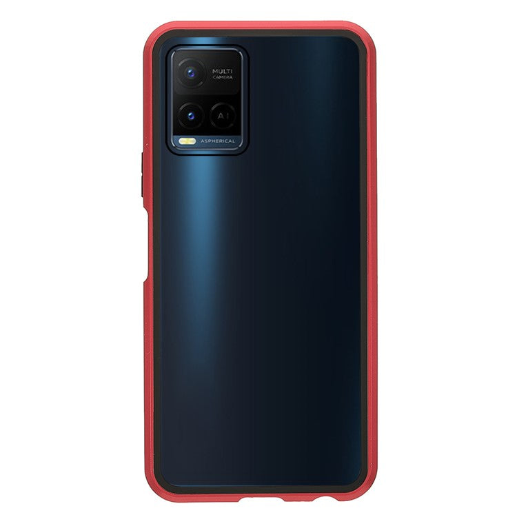 Double-sided Tempered Glass + Metal Frame Hybrid Phone Case Full Protection Cover with Magnetic Closure for vivo Y21 - Red