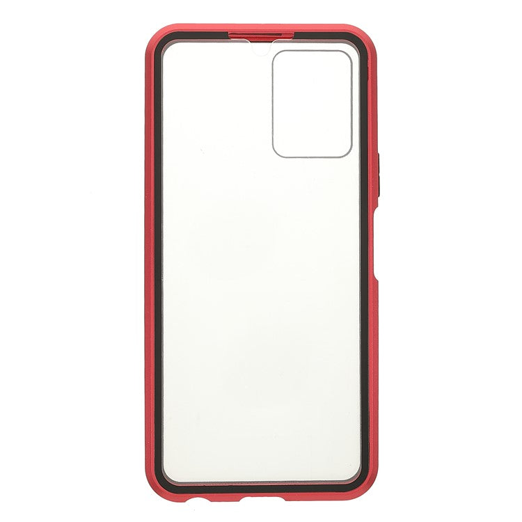 Double-sided Tempered Glass + Metal Frame Hybrid Phone Case Full Protection Cover with Magnetic Closure for vivo Y21 - Red