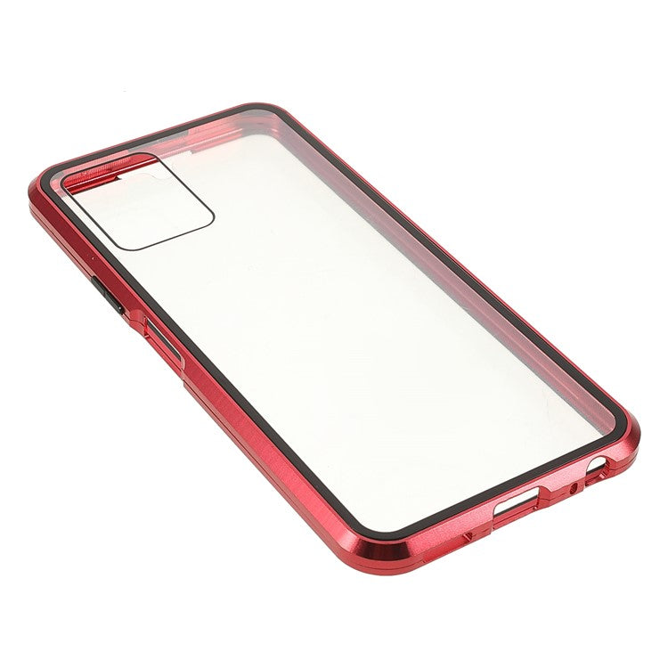 Double-sided Tempered Glass + Metal Frame Hybrid Phone Case Full Protection Cover with Magnetic Closure for vivo Y21 - Red