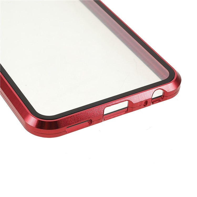 Double-sided Tempered Glass + Metal Frame Hybrid Phone Case Full Protection Cover with Magnetic Closure for vivo Y21 - Red