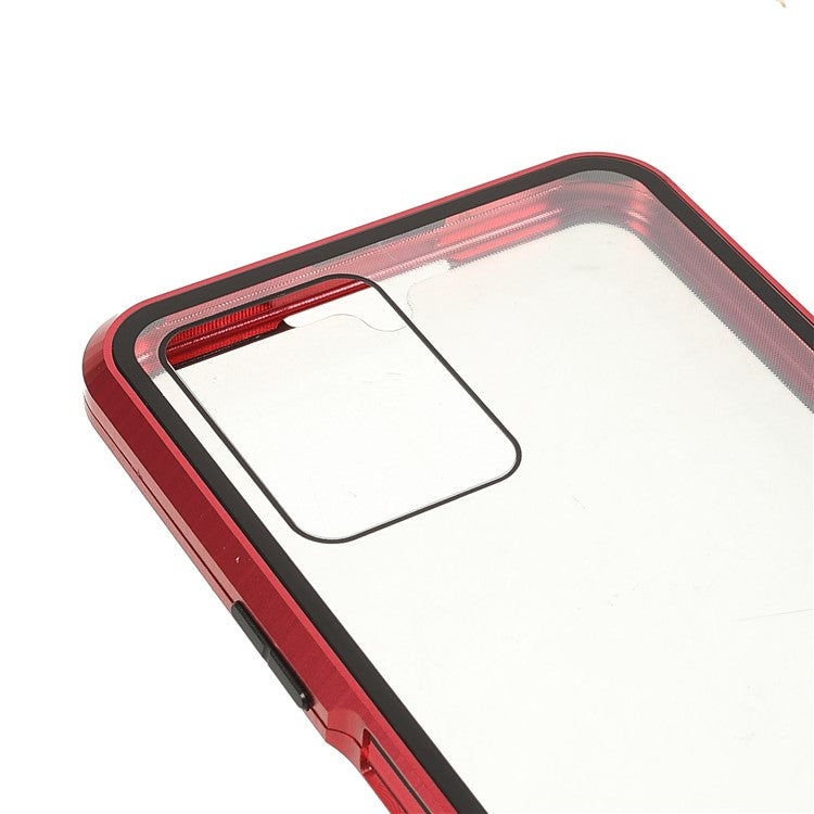 Double-sided Tempered Glass + Metal Frame Hybrid Phone Case Full Protection Cover with Magnetic Closure for vivo Y21 - Red