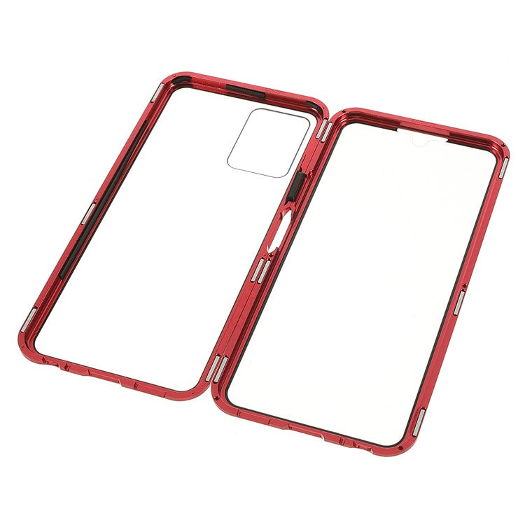 Double-sided Tempered Glass + Metal Frame Hybrid Phone Case Full Protection Cover with Magnetic Closure for vivo Y21 - Red