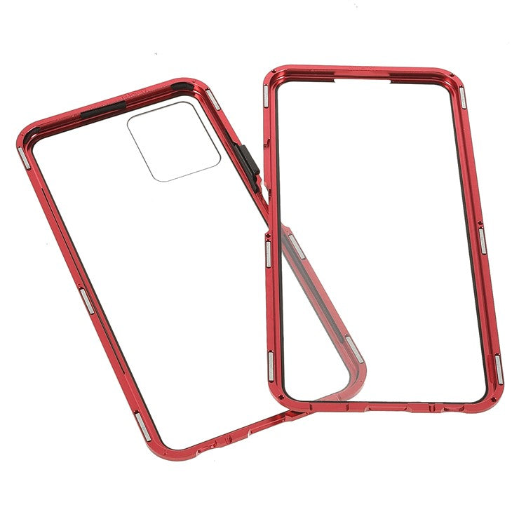 Double-sided Tempered Glass + Metal Frame Hybrid Phone Case Full Protection Cover with Magnetic Closure for vivo Y21 - Red