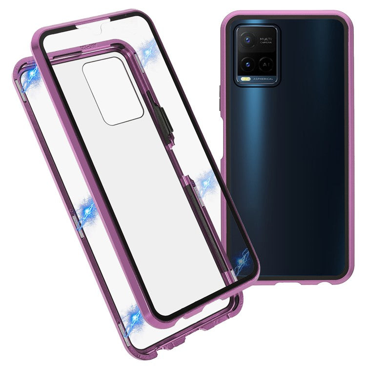 Double-sided Tempered Glass + Metal Frame Hybrid Phone Case Full Protection Cover with Magnetic Closure for vivo Y21 - Purple