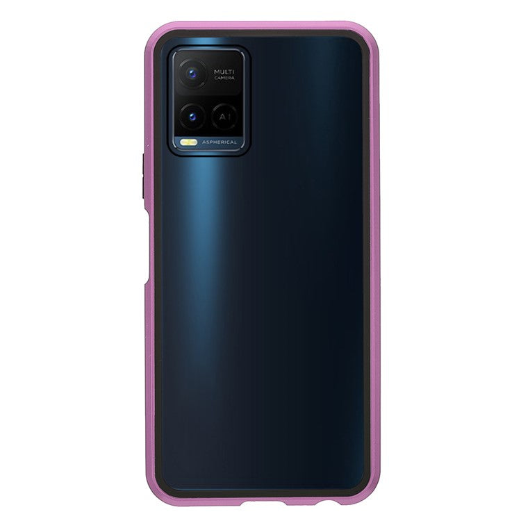 Double-sided Tempered Glass + Metal Frame Hybrid Phone Case Full Protection Cover with Magnetic Closure for vivo Y21 - Purple