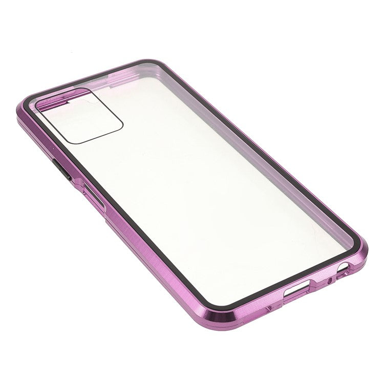 Double-sided Tempered Glass + Metal Frame Hybrid Phone Case Full Protection Cover with Magnetic Closure for vivo Y21 - Purple