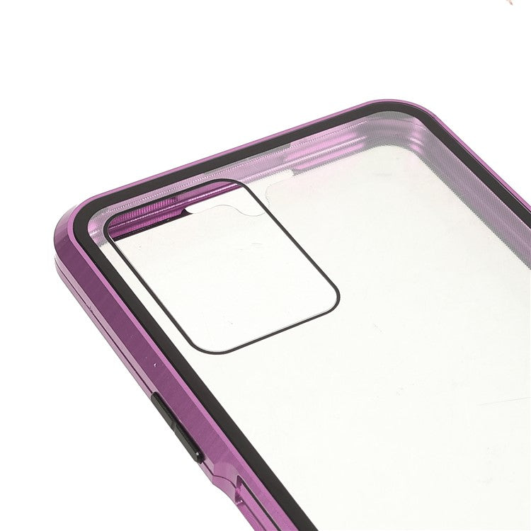 Double-sided Tempered Glass + Metal Frame Hybrid Phone Case Full Protection Cover with Magnetic Closure for vivo Y21 - Purple