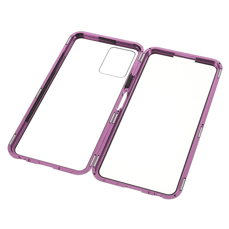 Double-sided Tempered Glass + Metal Frame Hybrid Phone Case Full Protection Cover with Magnetic Closure for vivo Y21 - Purple