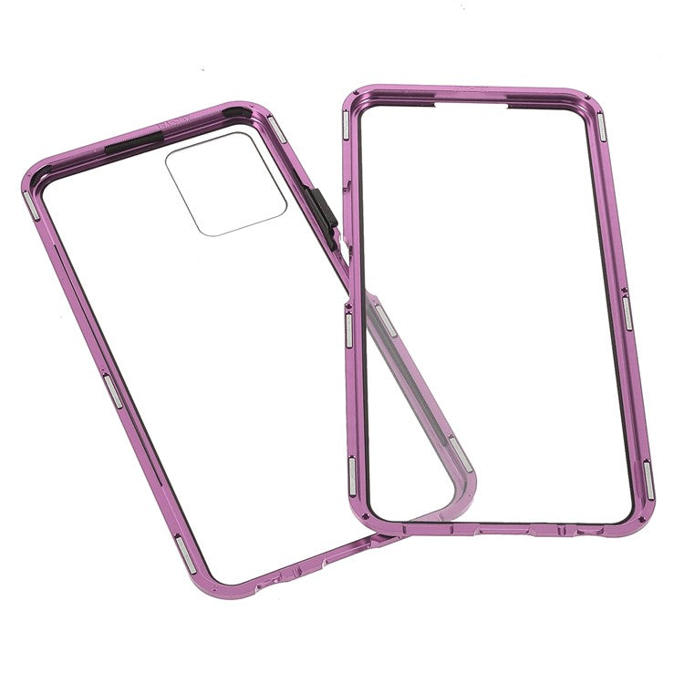 Double-sided Tempered Glass + Metal Frame Hybrid Phone Case Full Protection Cover with Magnetic Closure for vivo Y21 - Purple