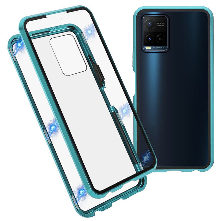 Double-sided Tempered Glass + Metal Frame Hybrid Phone Case Full Protection Cover with Magnetic Closure for vivo Y21 - Green