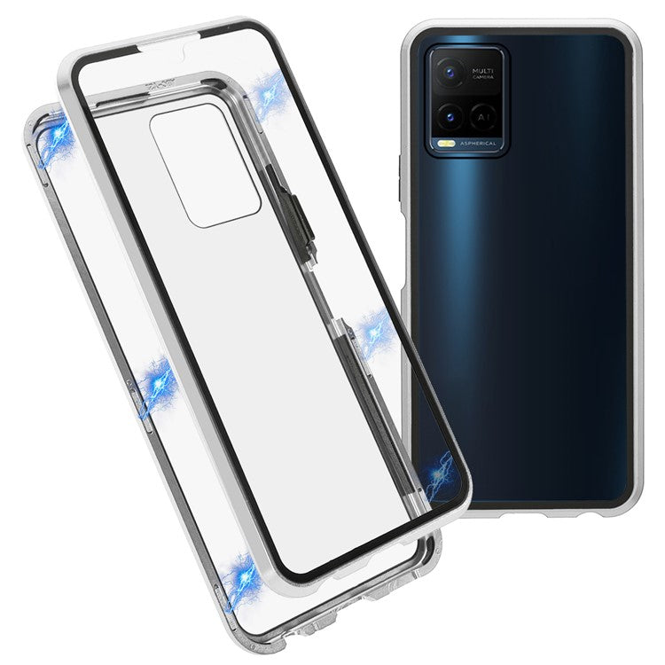 Double-sided Tempered Glass + Metal Frame Hybrid Phone Case Full Protection Cover with Magnetic Closure for vivo Y21 - Silver