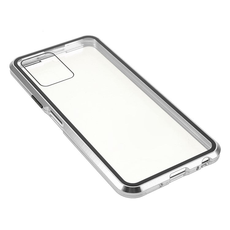 Double-sided Tempered Glass + Metal Frame Hybrid Phone Case Full Protection Cover with Magnetic Closure for vivo Y21 - Silver