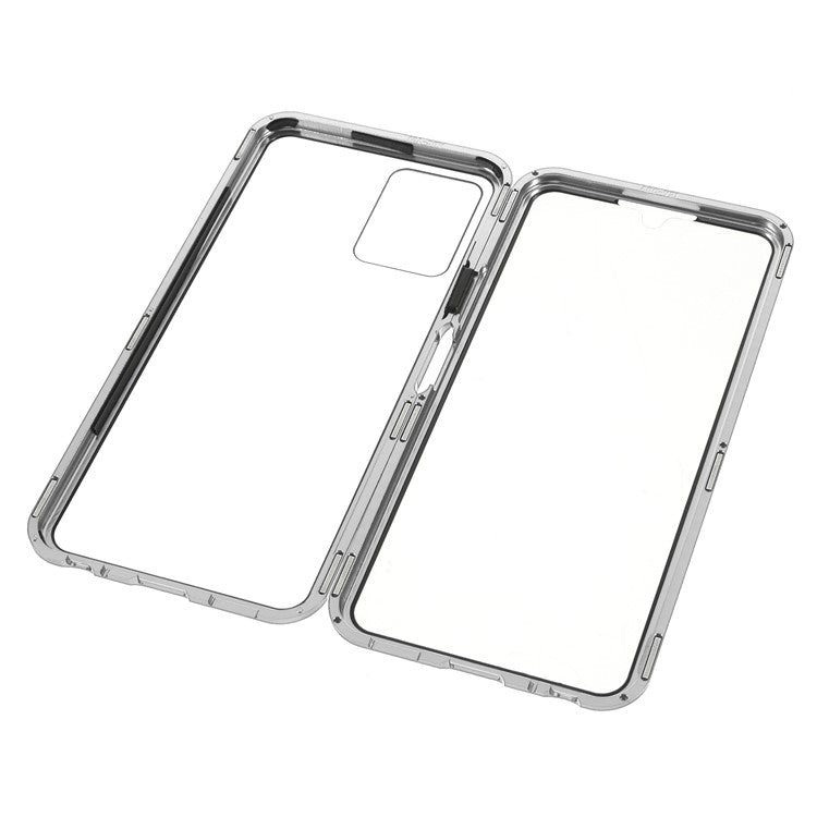 Double-sided Tempered Glass + Metal Frame Hybrid Phone Case Full Protection Cover with Magnetic Closure for vivo Y21 - Silver